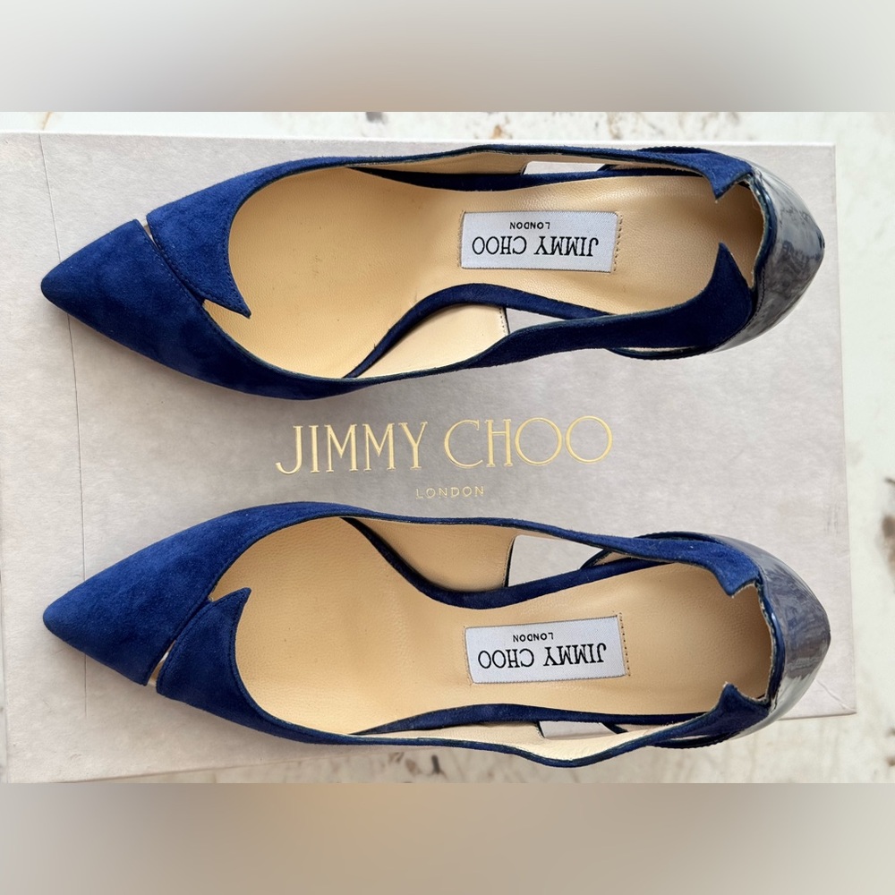 Jimmy Choo Saga Steel Blue Suede Scalloped Pointed-Toe Stiletto Heels - Picture 3 of 6